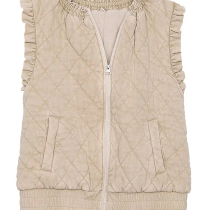 Garment Washed Quilted Ruffle Sleeve Vests