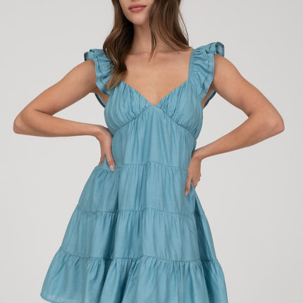 V-Neck Tiered Babydoll Mini Dress