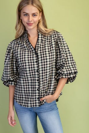 Gather Gingham Balloon Sleeve Top