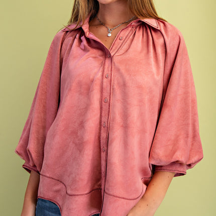 Satin Rose Balloon Sleeve Blouse