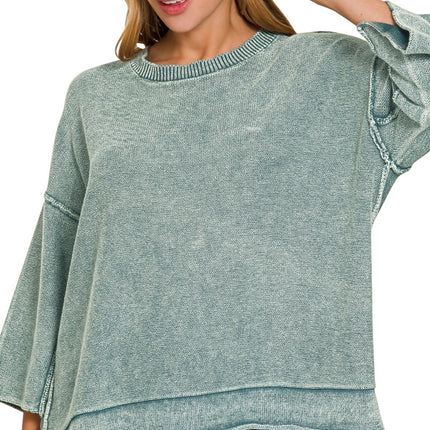 Washed 3/4 Sleeve Boxy Sweater