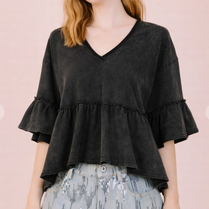 Mineral Washed Ruffle Detail Knit Top