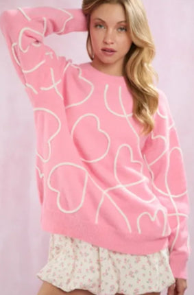 Peach Love - Pink and White Sweater With Embroidered Hearts