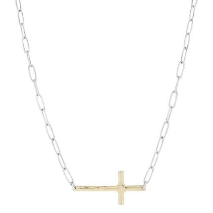 Jane Marie ANTIQUE SILVER PAPERCLIP CHAIN WITH LARGE GOLD SIDWAYS CROSS NECKLACE