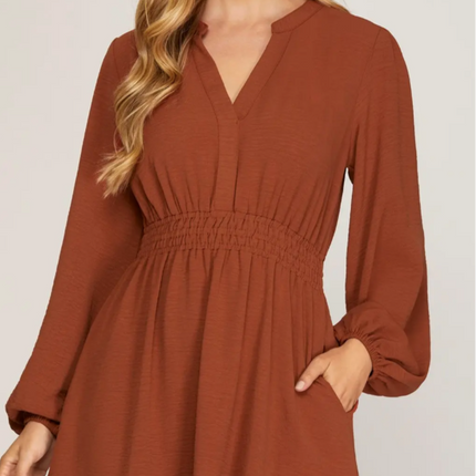 Long Sleeve Elastic Waist Woven Dress
