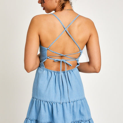 Le Lis Strap Tie Back Tiered Demin Mini Dress