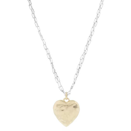 Jane Marie ANTIQUE SILVER DOUBLE PAPERCLIP CHAIN WITH CHUNKY HAMMERED GOLD HEART NECKLACE