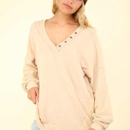 Very J Plus Size Washed V-Neck Oversized Top