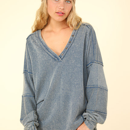 Very J Plus Size Washed V-Neck Oversized Top