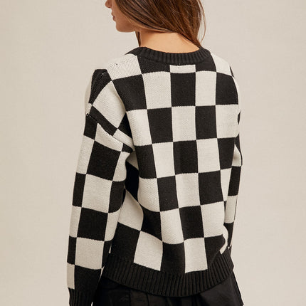 Hem & Thread Checker Print Crew Neck Sweater