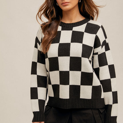 Hem & Thread Checker Print Crew Neck Sweater