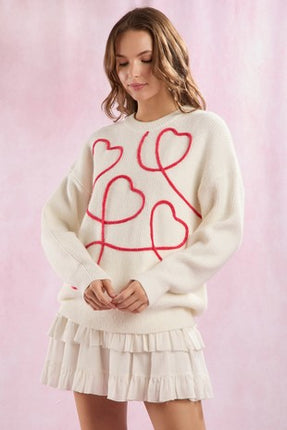 White Sweater with Red Embroidered Hearts