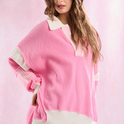 Peach Love Color Contrast Split Neck Oversized Sweater