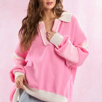 Peach Love Color Contrast Split Neck Oversized Sweater