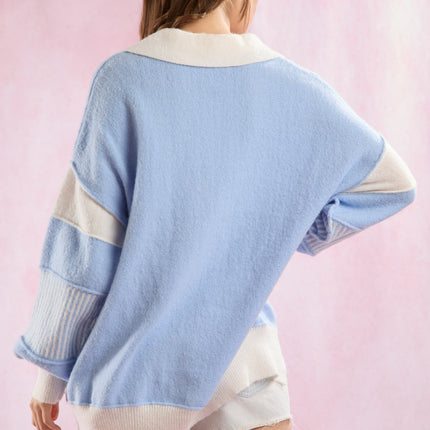 Peach Love Color Contrast Split Neck Oversized Sweater