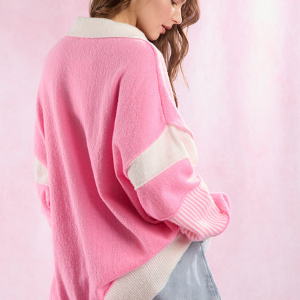 Peach Love Color Contrast Split Neck Oversized Sweater