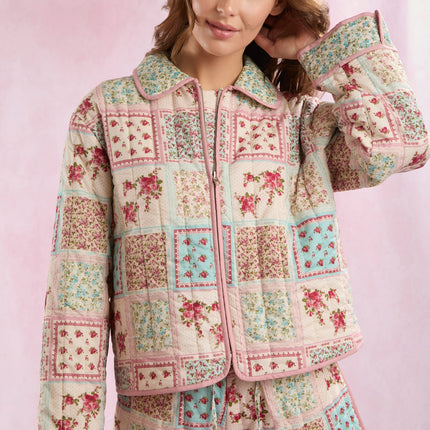 Peach Love Patchwork Print Light Weight Quilted Jacket