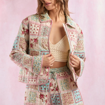 Peach Love Patchwork Print Light Weight Quilted Jacket