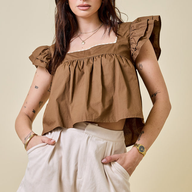 Poplin Square Neck Top with Ruffle Sleeves