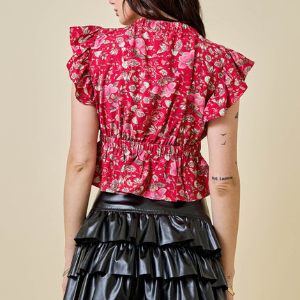 Floral Print Deep V Neckline Cropped Ruffle Top