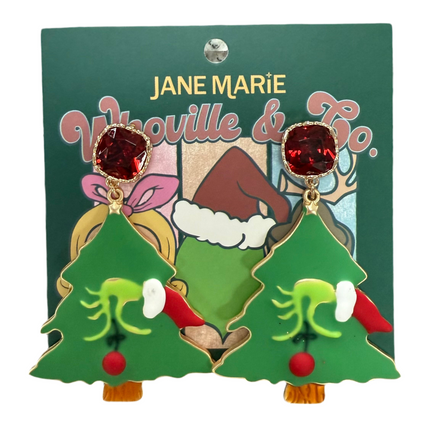 Christmas Tree with Grinch Hand and Red Square Crystal Post Earring