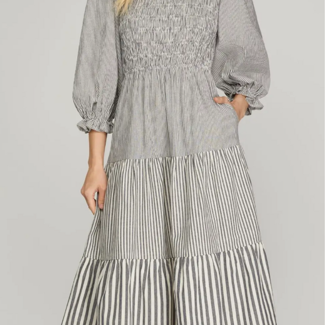 3/4 Sleeve Smocked Top Tiered MIDI Dress