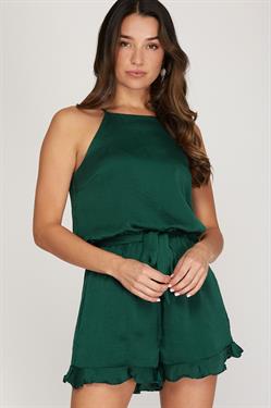 She & Sky - Forest Green Game Day Sleeveless Satin Romper