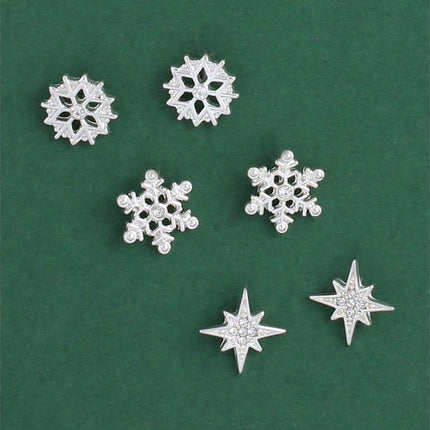 Periwinkle Silver Snowflake Earring Trio with Crystals