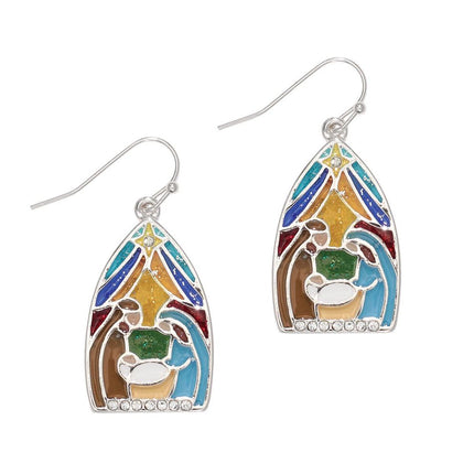 Periwinkle Stained Glass Nativity Scene Earrings w/ Crystals