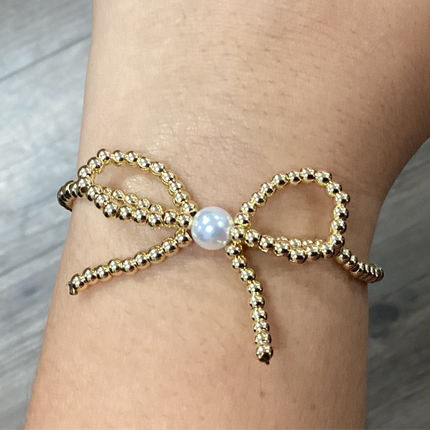 Gold Beaded Bow Bracelet With Pearl