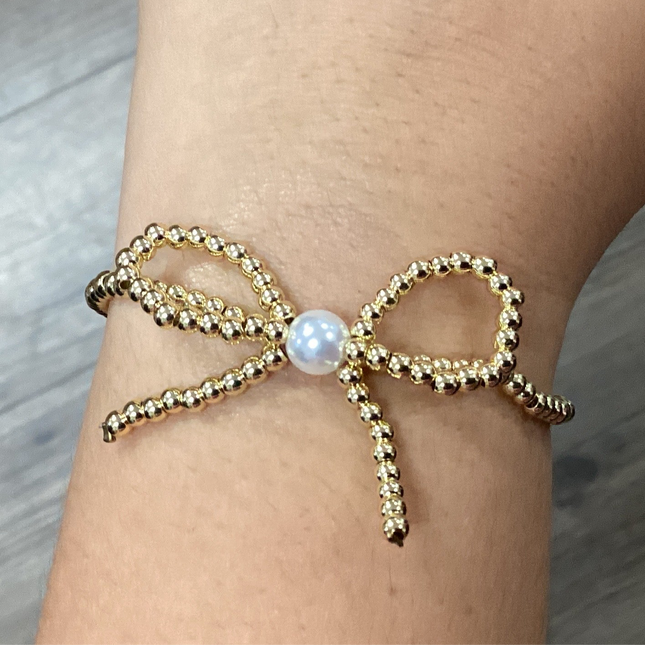 Gold Beaded Bow Bracelet With Pearl
