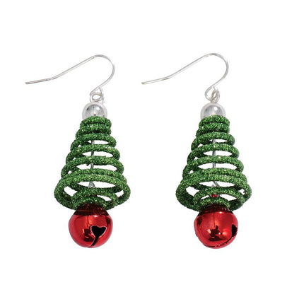 Periwinkle Green Wire Christmas tree Earrings w/ Jingle Bell