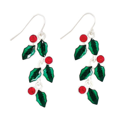 Periwinkle Red crystals and Green Leaves Dangling Earrings