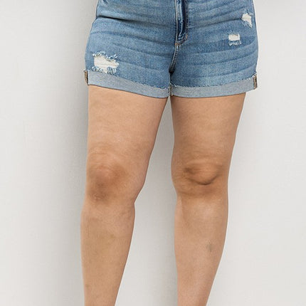 Sneak Peek High Rise Distressed Denim Shorts