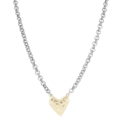 Jane Marie ANTIQUE TEXTURED SILVER ROLO CHAIN WITH HAMMERED GOLD HEART NECKLACE