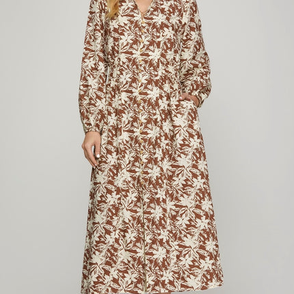 She&Sky Long Sleeve Button Down Printed Dress