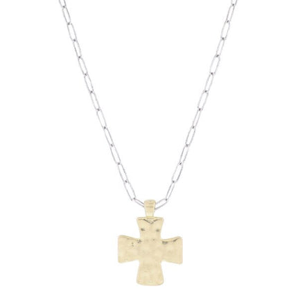 Jane Marie ANTIQUE SILVER PAPERCLIP CHAIN WITH CHUNKY HAMMERED GOLD SQUARE CROSS NECKLACE