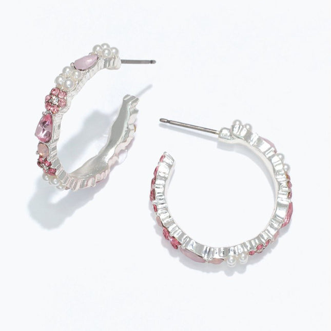 Silver Hoops With Pink Crystals And Pearls