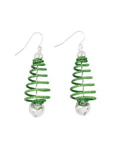 Periwinkle Green Wire Christmas tree Earrings w/ Jingle Bell