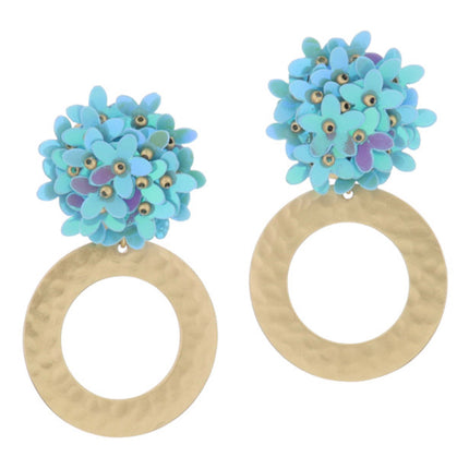 Jane Marie Turquoise Sequin Flower Pom Post With Gold Circle