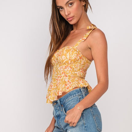 Sky To Moon Floral V-Shape Ruffle Top