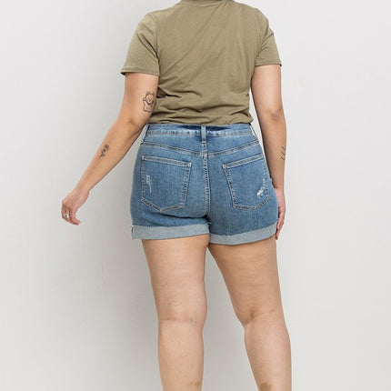 Sneak Peek High Rise Distressed Denim Shorts