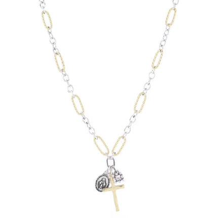 Jane Marie ANTIQUE 2-TONE SILVER CHAIN WITH GOLD LINKS & VIRIGN MARY, CROSS, CRYSTAL NECKLACE