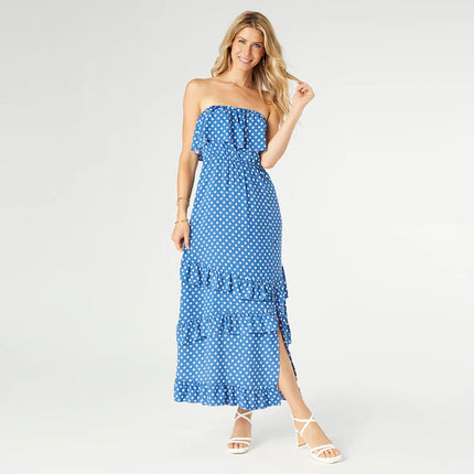 Coco + Carmen Dalia Strapless Dress with Side Slit - Blue/White Dots