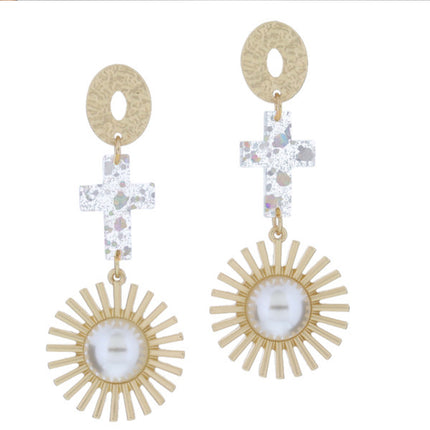 Jane Marie Oval Post Clear Iridescent Cross, Gold Sunburst with Center Pearl Earrings