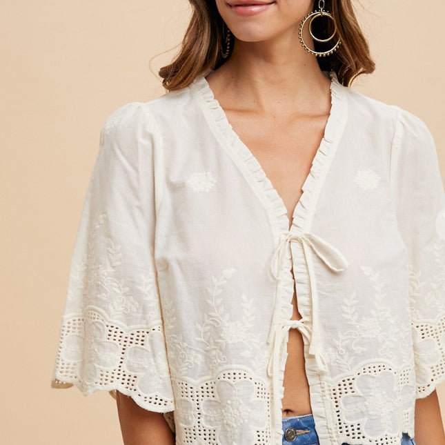 Floral Embroidery Tie Front Blouse