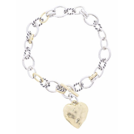 Jane Marie ANTIQUE 2-TONE DECORATIVE CABLE CHAIN WITH TOGGLE AND HAMMERED GOLD HEART BRACELET