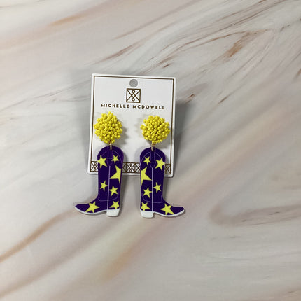 Michelle McDowell Gameday Boots- Purple and Gold earrings