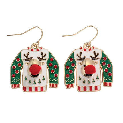 Periwinkle Rudolph Sweater Earrings with Red Crystals and Pom Poms