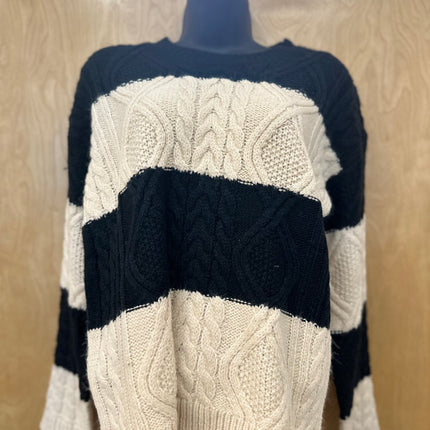 Hem & Thread Ripped Detail Stripe Cable Knit Sweater